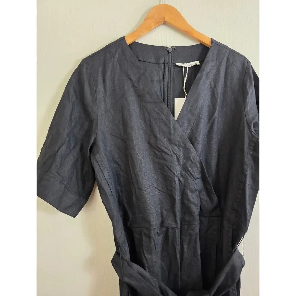 NEW Everlane The Wrap Linen Black Wrap-Front Wide-Leg Short Sleeve Jumpsuit 8